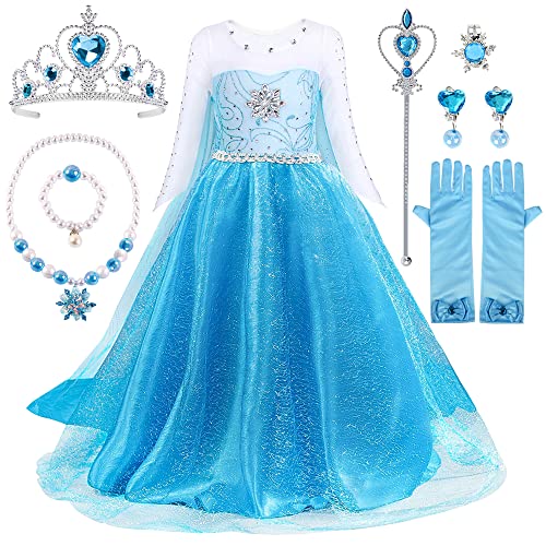 Prinzessin Kleid Mädchen, Eiskönigin Elsa Kleid mit Elsa Krone Zauberstab Halsketten Set, Abendkleid Lang Elsa Prinzessin Kostüm Mädchen für Hochzeit Cosplay Karneval Hochzeit Geburtstagsfeier (140) von TOLOYE