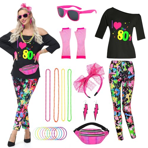 TOLOYE 80er Jahre Outfit Damen, Kostüm 80er Jahre Hippie Kostüm mit Hippie Oberteil Hosen 80er Jahre Accessoires, Kostüm Damen Fasching, 80er Kostüm für Karneval Neon Party Outfit (Magenta, L) von TOLOYE