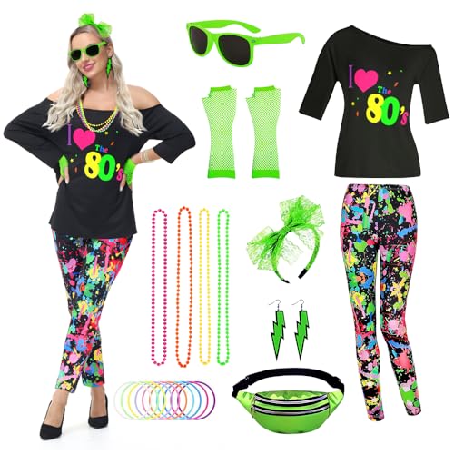 TOLOYE 80er Jahre Outfit Damen, Kostüm 80er Jahre Hippie Kostüm mit Hippie Oberteil Hosen 80er Jahre Accessoires, Kostüm Damen Fasching, 80er Kostüm für Karneval Neon Party Outfit (Grün, L) von TOLOYE