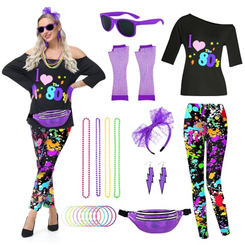 TOLOYE 80er Jahre Outfit Damen, Kostüm 80er Jahre Hippie Kostüm mit Hippie Oberteil Hosen 80er Jahre Accessoires, Kostüm Damen Fasching, 80er Kostüm für Karneval Neon Party Outfit von TOLOYE