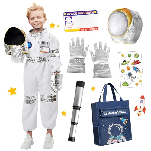 TOLOYE Astronaut Kostüm Kinder, Space Kostüm mit Astronauten Helm Tasche und Handschuhe, Weltall Kostüm Faschingskostüme, Spaceman Astronaut Jumpsuit Kostüm für Cosplay Karneval Rollenspiel (L) von TOLOYE