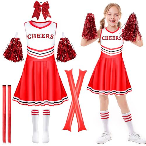 TOLOYE Cheerleader Kostüm Kinder, Cheerleader Outfit mit Cheerleader Pompons, Faschingskostüme Kinder, Cheerleading Kostüm Cheerleadering Uniform für Karneval Cosplay Geburtstagsfeier (Rot, L) von TOLOYE