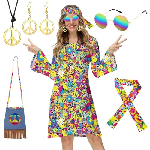 TOLOYE Hippie Kostüm Damen, 70er Jahre Bekleidung Damen Hippie Kleid mit Hippie Tasche Hippie Accessoires, Kostüm Damen Fasching, 60er 70er Jahre Kostüm Hippie Kleidung für Karneval Cosplay (L) von TOLOYE