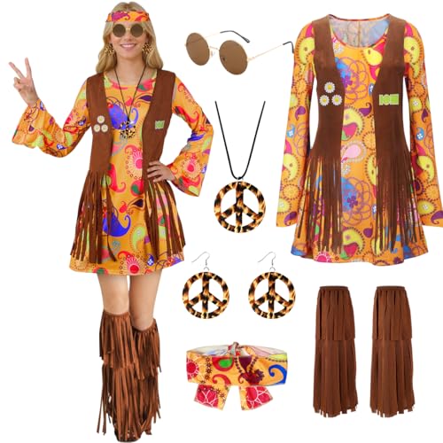 TOLOYE Hippie Kostüm Damen, 70er Jahre Bekleidung Damen mit Hippie Kleid Hippie Weste Hippie Accessoires, Kostüm Damen Fasching, 60er 70er Jahre Kostüm Hippie Kleidung für Karneval Cosplay Party (L) von TOLOYE