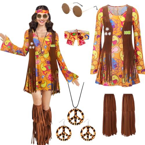 TOLOYE Hippie Kostüm Damen, 70er Jahre Bekleidung Damen mit Hippie Kleid Hippie Weste Hippie Accessoires, Kostüm Damen Fasching, 60er 70er Jahre Kostüm Hippie Kleidung für Karneval Cosplay Party (XL) von TOLOYE