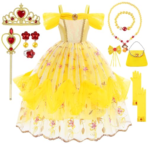 TOLOYE Prinzessin Kleid Mädchen, Belle Kostüm Mädchen mit Krone Zauberstab Halsketten Set, Faschingskostüme Kinder Belle Prinzessin Kostüm Mädchen für Karneval Cosplay Geburtstagsfeier (110) von TOLOYE