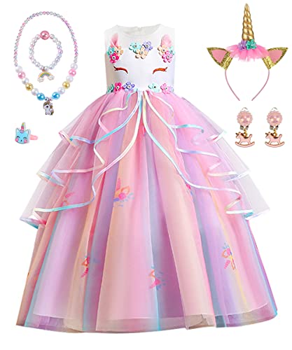 TOLOYE Prinzessin Kleid Mädchen, Einhorn Kostüm Kinder Mädchen Kleid mit Haarband Halsketten Set, Prinzessin Kostüm Kleid für Weihnachten Halloween Karneval Cosplay Geburtstagsfeier (140) von TOLOYE