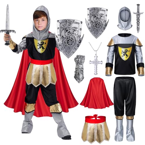 TOLOYE Ritter Kostüm Kinder, Mittelalter Kostüm mit Ritterhelm Schwert Schild Umhang, Geschenk für Jungen, Faschingskostüme Kinder Ritter Kostüm für Cosplay Karneval Rollenspiel Party (L) von TOLOYE