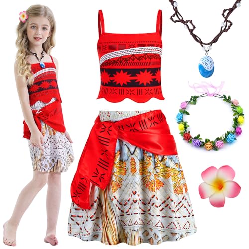 TOLOYE Vaiana Kostüm Mädchen, Moana Prinzessin Kleid mit Blumenkrone Halskette Blumenclip, Abenteuer Outfit, Faschingskostüme Kinder, Moana Vaiana Kostüm für Karneval Cosplay Geburtstagsfeier (140) von TOLOYE