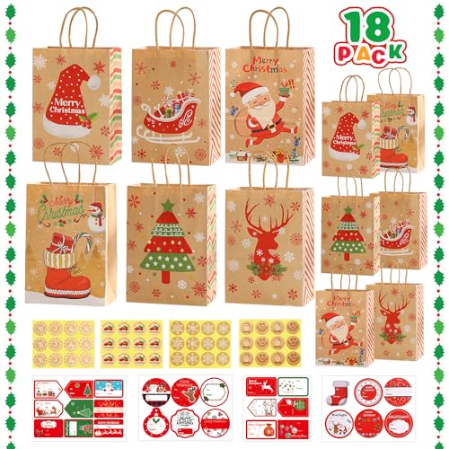 Weihnachts Kraft Geschenktaschen,TOLOYE 18 Stück Geschenktüten Weihnachten mit Weihnachtsaufklebern,Weihnachten Papiertaschen für Kindergeburtstag Weihnachtsgeschenke Partybedarf von TOLOYE