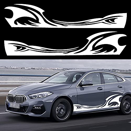 TOMALL 2 Stück 209 cm x 39 cm Wave Flame Graphic Car Body Side Flame Racing Sport Stripes Aufkleber für Auto Universal Vinyl Wasserdicht Aufkleber Dekoration Zubehör für LKW SUV Off-Road (Weiß) von TOMALL