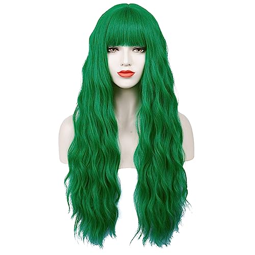 Damen Lange Grün Perücke, TOMIGO Grün Gewellt Perücke mit Knall Grün Synthetisch Halloween St Patricks day Cosplay Kostüm Perücke von TOMIGO