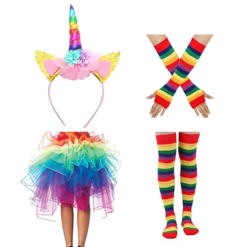 TOMIGO 4PCS Regenbogen Kostüm Zubehör mit Tutu Rock Socken und Stirnband für Halloween Fasching Cosplay von TOMIGO