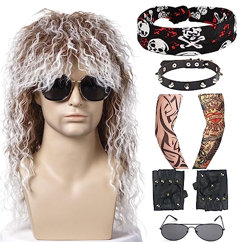 TOMIGO 7 Stück Vokuhila Perücke Herren Kostüm Set Braun Vintage Hip Hop Rocker Star 70er 80er Jahre Perücke für Damen/Herren Halloween Karneval (Braun) von TOMIGO