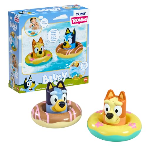 Tomy Toomies Badespielzeug Bluey und Bingo im Schwimmring, 2 Stück | Bluey und Bingo in Schwimmringen mit Wasserrädern | offiziell Lizenziertes Bluey-Spielzeug | Spielzeug für Kinder ab 18 Monaten von TOMY