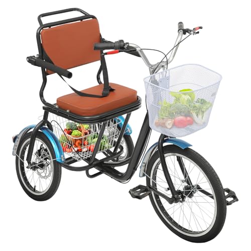 TONFEION Dreirad Erwachsene 20'' Vorderrad + 16'' Hinterrad Cruiser Bikes, senioren Dreirad Mit Rücksitz, Großer Einkaufskorb, Weiche Rückenlehne, Lastenfahrrad Für Shopping Übungen (schwarz) von TONFEION