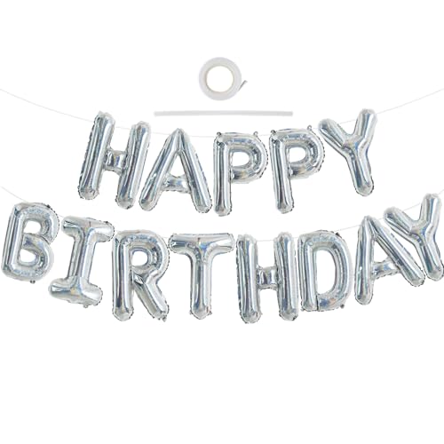 TONIFUL Laser-Silber Happy Birthday Ballon Girlande,16 Zoll Laser-Silber Folie Happy Birthday Folienballon Luftballon Geburtstagsballon Banner Helium Ballon für Geburtstag Party, Geburtstagsbanner von TONIFUL