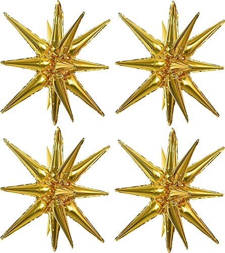 Toniful 4 Pcs 22inch 4D Gold Starburst Kegel Mylar Ballons 14Point Star Ballons Explosion Star Folie Ballons für Party Supplies Hintergrund Weihnachten, Neujahr, Geburtstag, Hochzeit, Fotokabine von TONIFUL