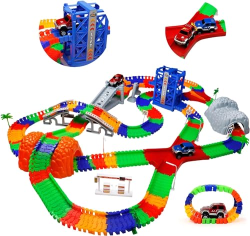 Autorennbahn für Kinder mit 2 Spielzeugauto, Kinderspielzeug ab 2 3 4 5 6 7 Jahre Junge，309PCS Car Track Rennbahnen, Racing Circuit Autorennbahn, Geschenk 3 4 5 Jahre Junge Mädchen, 505cm Länge von TONZE