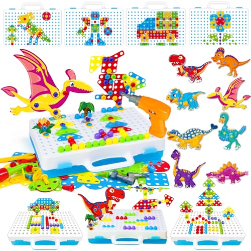 TONZE Steckspiel Spielzeug ab 3 Jahre mit Bohrmaschine Dinosaurier Puzzle Mosaik Montessori Spielzeug Werkzeugkoffer Kinder Geschenke Spiele ab 3 4 5 6 Jahren Junge Mädchen Kinderspiele (201 Stück) von TONZE