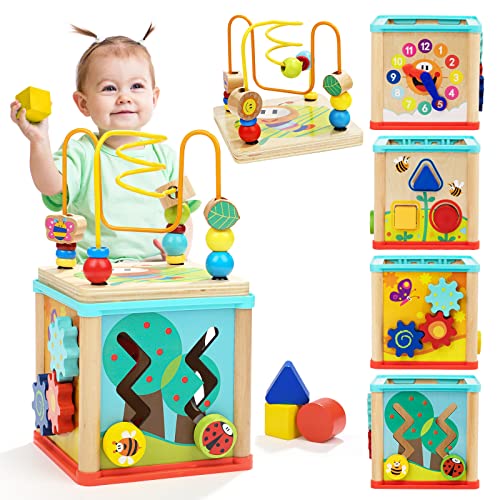 TOP BRIGHT rxzer23,123 Spielzeug Baby Pädagogisches Holzperlenlabyrinth Form Sortierer Für 1 Jahr alte Jungen und Mädchen Kleinkinder Geschenk Größe, 5-in-1, Kleiner Aktivitätswürfel, S von TOP BRIGHT