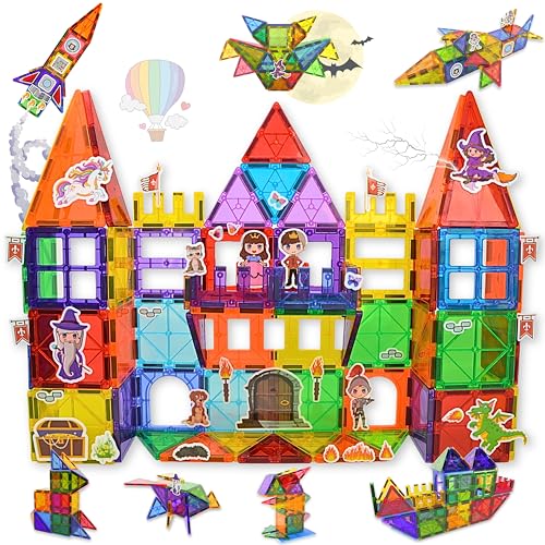 TOP KINGDOM Magnetische Bausteine, 62 Teile + 56 Wiederverwendbare Silikonaufkleber, 3D-Magnetische Konstruktionen, Bildungsspielzeug, Magnetisches Set für Kinder im Alter von 3 4 5 6 7 Jahren von TOP KINGDOM