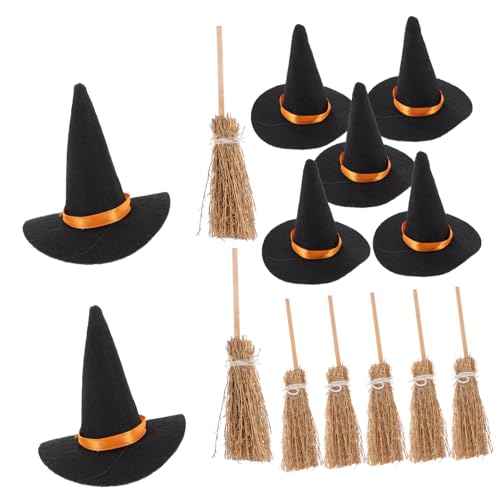 TOPBATHY 7 Satz Mini-Hexenhut Halloween-Miniaturen kleine Hexenhüte Halloween-Weinflaschendeckel Kleinkinder puppenkleidung Party Dekoration Besen Hut winzige Dekore Mini-Puppen-Hut Stoff von TOPBATHY