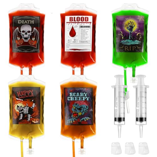 TOPBATHY Halloween Karneval Blutbeutel für Getränke 20Stück 250ml Beutel Für Partydekorationen Wiederverwendbare Getränkebeutel IVBeutel Set mit Spritz und Clips für Maskerade von TOPBATHY