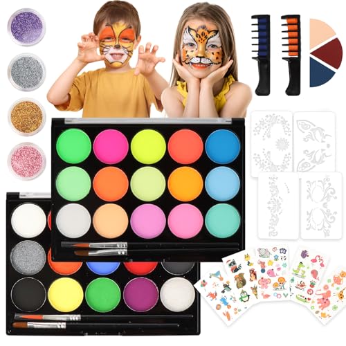 Kinderschminke Set, 15 Farben Schminkfarben Schminkpalette, Theaterschminke Set mit Haarkamm, Dreieckiger Puderquaste, Schminkschablone, Tattoo-Aufklebern, Glitzer für Kinder und Erwachsene von TOPBELIEF