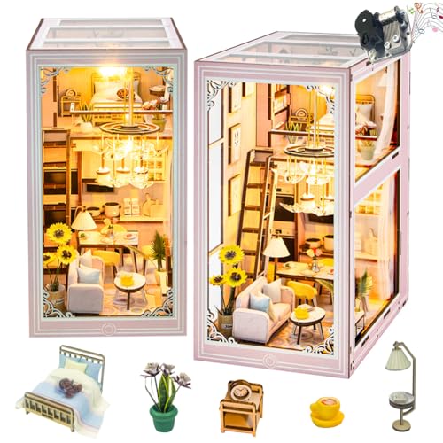 DIY Puppenhaus Booknook Bücherregal Einsatz 3D Holzpuzzle Buchstütze für Buch/Zimmer Dekor, Miniatur Modell Haus mit LED Licht Book Nook Kits für Geburtstag Valentinstag Geschenke von TOPBSFARNY