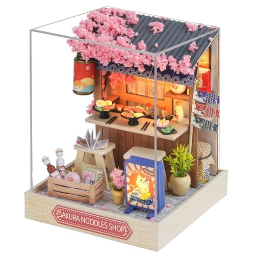 Miniatur-Puppenhaus-Möbel-Set zum Selbermachen, handgefertigtes Puppenhaus mit LED/Staubschutz, kreatives Holzhandwerk-Spielzeug für Erwachsene, Freunde, Liebhaber, Geburtstagsgeschenk (Sakura Noodles Miniatur-Puppenhaus-Möbel-Set zum Selbermachen, handgefertigtes Puppenhaus mit LED/Staubschutz, kreatives Holzhandwerk-Spielzeug für Erwachsene, Freunde, Liebhaber, Geburtstagsgeschenk (Sakura Noodles von TOPBSFARNY