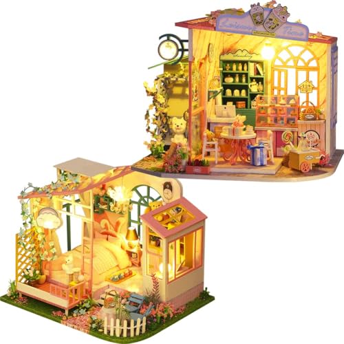 Puppenhaus DIY Kunst Mini Haus Miniatur Holzspielzeug Gebäude Modell Winziges Haus 3D Holzpuzzle Geschenk Kreative Neujahrsgeschenke für Frauen und Erwachsene (2PCS) von TOPBSFARNY