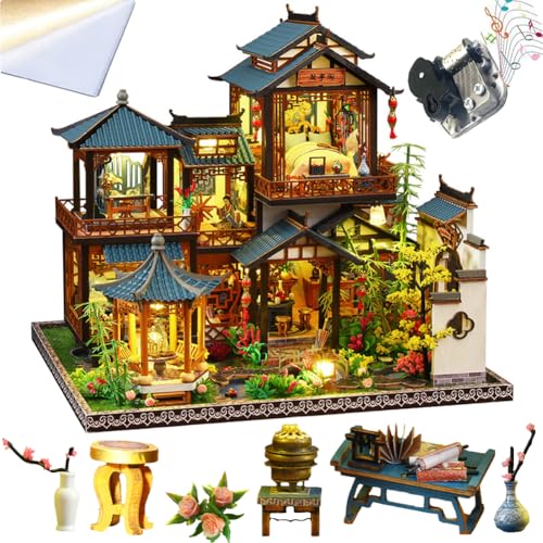 TOPBSFARNY 3D Holz Montiert Puppenhaus Kit DIY Miniatur Chinesischer Stil Hofszene Gebäude mit Musik Kreativität Halloween Geburtstagsgeschenk (mit Staubschutz) von TOPBSFARNY