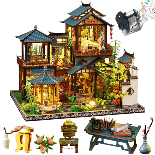 TOPBSFARNY 3D Holz Montiert Puppenhaus Kit DIY Miniatur Chinesischer Stil Hofszene Gebäude mit Musik Kreativität Halloween Geburtstagsgeschenk (ohne Staubschutz) von TOPBSFARNY