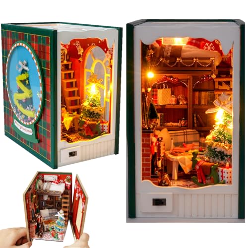 TOPBSFARNY Book Nook Kit, 3D Holzpuzzle DIY Miniatur Haus Kit mit LED für Bücherregal Einsatz Dekoration, Basteln Hobbys Geschenke für Erwachsene (Weihnachtsnotizen) von TOPBSFARNY