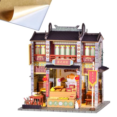 TOPBSFARNY Chinesische Antike Architekturgeschäft, Modell, handgemacht, Konditorei, Dessertladen, 3D-Miniatur-Puppenhaus-Kit aus Holz, mit LED-Licht, Mit Staubschutzhülle von TOPBSFARNY