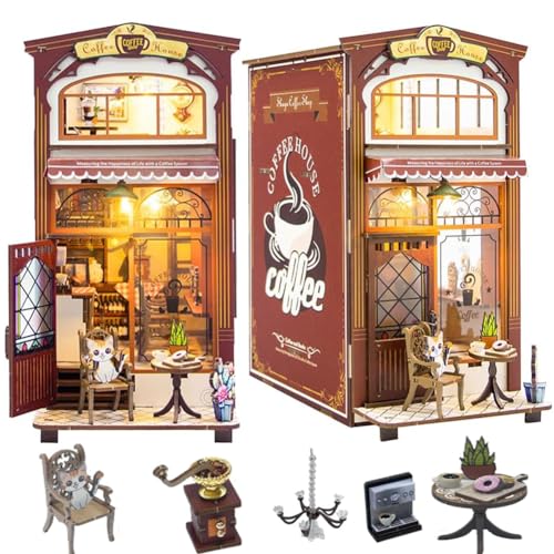 TOPBSFARNY DIY Book Nook Kit, Cafe Mini 3D Architektonisches Modell Holz Snap Fit Buchständer mit Möbeln und LED-Lichtern, Miniatur-Puppenhaus-Kits für Erwachsene von TOPBSFARNY