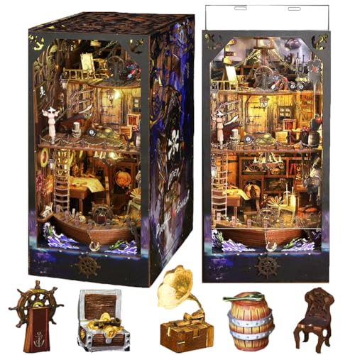 TOPBSFARNY DIY Kreativität Abenteuer Stil Buch Nook Kit, Bücherregal einfügen Dekor 3D Holz Puzzle Modell Kit, Buchstütze Baukasten mit menschlichen Sensor Licht von TOPBSFARNY