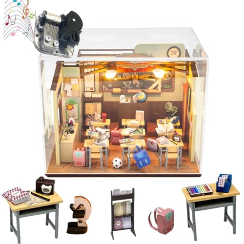 TOPBSFARNY DIY Puppenhaus Miniatur Kit Klassenzimmer Modell mit Möbel Holzpuppen Haus Puzzle Spielzeug für Freund Geburtstagsgeschenk Handgemachte Miniatur Kit (Mit Staubschutzhaube) von TOPBSFARNY