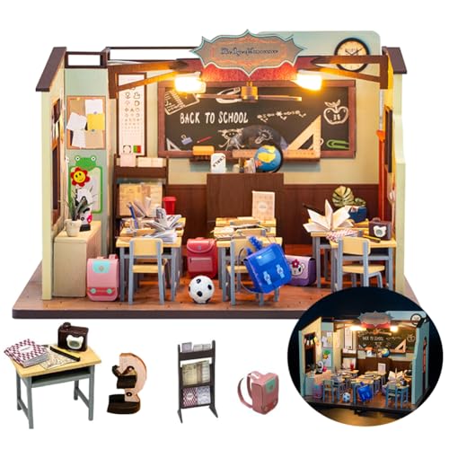 TOPBSFARNY DIY Puppenhaus Miniatur Kit Klassenzimmer Modell mit Möbel Holzpuppen Haus Puzzle Spielzeug für Freund Geburtstagsgeschenk Handgemachte Miniatur Kit (Ohne Staubschutzhaube) von TOPBSFARNY