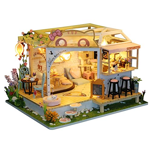 TOPBSFARNY Katze Cafe Holz Miniatur Puppenhaus Kit DIY Haustier Katze Café Gebäude Modell Zubehör mit Möbel LED Licht Spieluhr Geburtstag (keine Staubabdeckung) von TOPBSFARNY