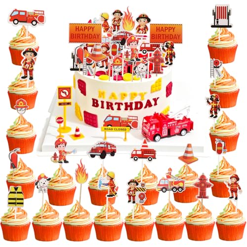 42Stk Feuerwehr Geburtstag Kuchendeckel, Feuerwehrmann Cupcake Toppers, Feuerwehr Kuchenaufsatz, Happy Birthday Feuerwehrauto Muffin Deko, Feuerwehrmann Thema Tortendeko für Jungen Kinder Party von TOPCZY