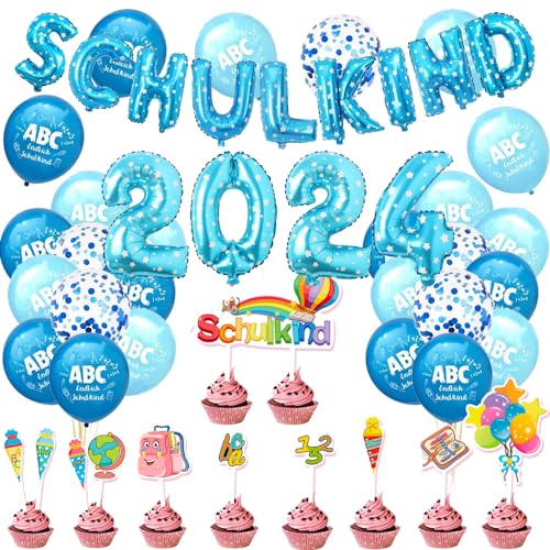 Blau Einschulung Deko Set für Jungen, Schuleinführung Schulanfang Luftballon Set mit ABC 123 Zuckertüte Motiv, SCHULKIND Folienballon Banner, 2024 Folienballon Banner, Konfetti Schulanfang Deko von TOPHOPE