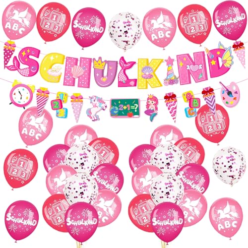 Einschulung Deko, Deko Einschulung Mädchen, Rosa Einhorn Schulanfang Mädchen Deko Set mit SCHULKIND Banner + Zuckertüte Girlande + Schulkind Deko Latex Ballons + Konfetti Ballons von TOPHOPE