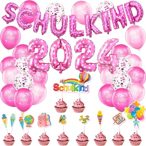 Einschulung Deko Set für Mädchen, Rosa Schuleinführung Schulanfang Luftballon Set mit ABC 123 Motiv, SCHULKIND Folienballoon Girlande + 2024 Folienballon Banner + Einschulung Torten Deko für Mädchen von TOPHOPE