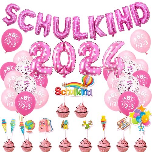 Einschulung Schuleinführung Schulanfang Deko, Rosa Einschulung Deko für Mädchen, Schulkind Banner, 2024 Folienballon Banner, Latexballons mit ABC 123 Zuckertüte Motiv, Einschulung Torten Deko von TOPHOPE