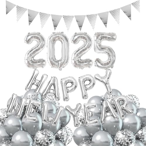 Happy New Year Deko 2025, Silvester Deko 2025, Deko Silvester Party, Happy New Year Folienballon Banner, 2025 Folienballon, Silber Konfetti Luftballons für Silvesterpartydeko Neujahrsdeko Accessoire von TOPHOPE