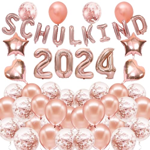 Schulanfang Deko Einschulung Jungen Mädchen, Rosegold Einschulung Deko Set, 2024 SHULKIND Folienballon Girlande Rosegold, Deko Schulanfang Herz Stern Folienballon, Rosegold Konfetti Luftballons von TOPHOPE