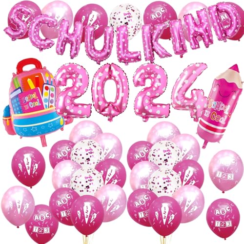 Schulkind Deko Mädchen, Einschulungsdeko Mädchen, Schuleinführung Schulanfang Deko mit 2024 SHULKIND Folienballon Girlande, Pencil Schultüte Folienballons, Schuleinführung Luftballon mit ABC 123 motiv von TOPHOPE