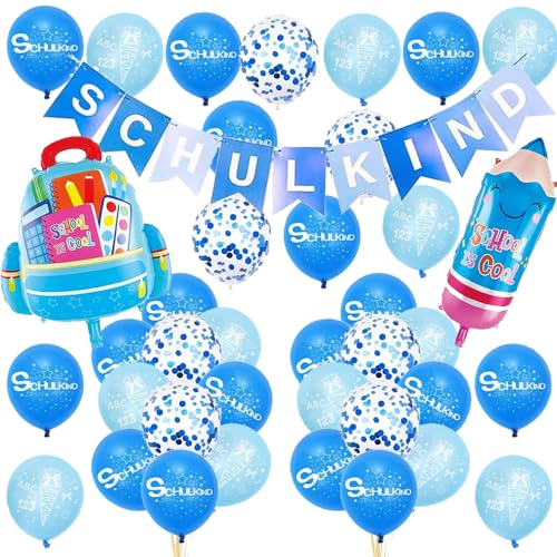 Schulkind Jungen, Schulanfang Jungen Deko, Einschulung Junge Deko, Pencil Schultüte Folienballons + Blaue SCHULKIND Girlande + Schulanfang Latexballons mit ABC 123 Zuckertüte Schulkind motiv von TOPHOPE